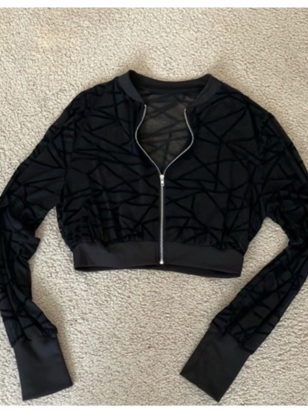 Black geometric sheer mesh velour bomber fashion jacket full zip rib trim xs/s